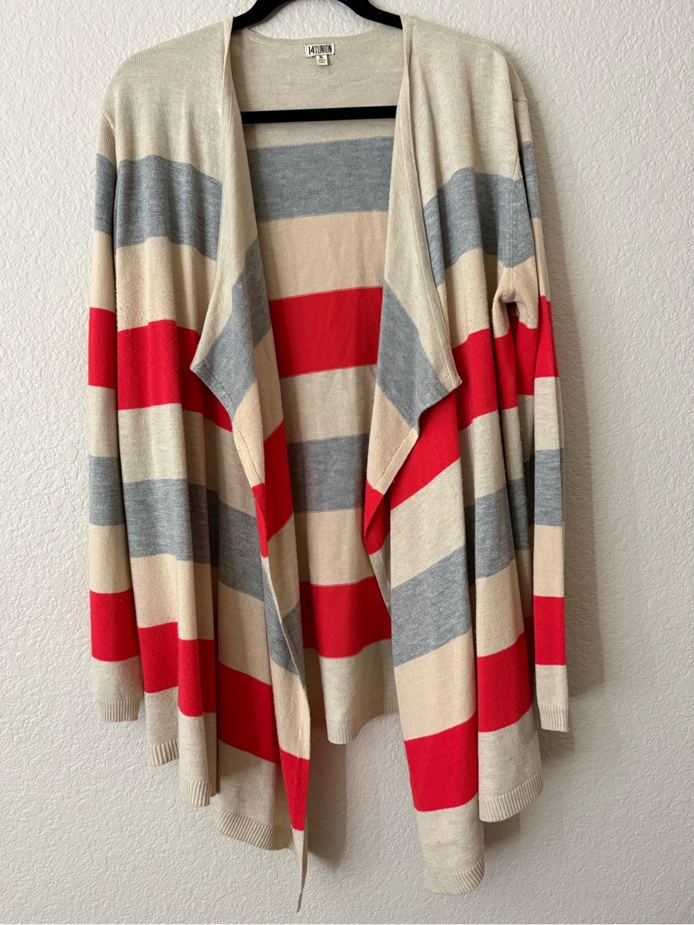 14th & Union Striped Open-Front Cardigan in Red, Gray & Cream